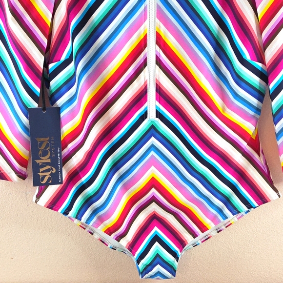 Stylest System  Dream Sculpt Zip Swimsuit Multicolor Stripes Large UPF 50 - Picture 3 of 16